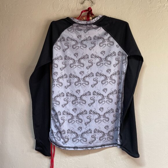 Singh Womens Rash Guard Swimwear Top Small Black Ruched Dragon Floral Stretch - Picture 2 of 7